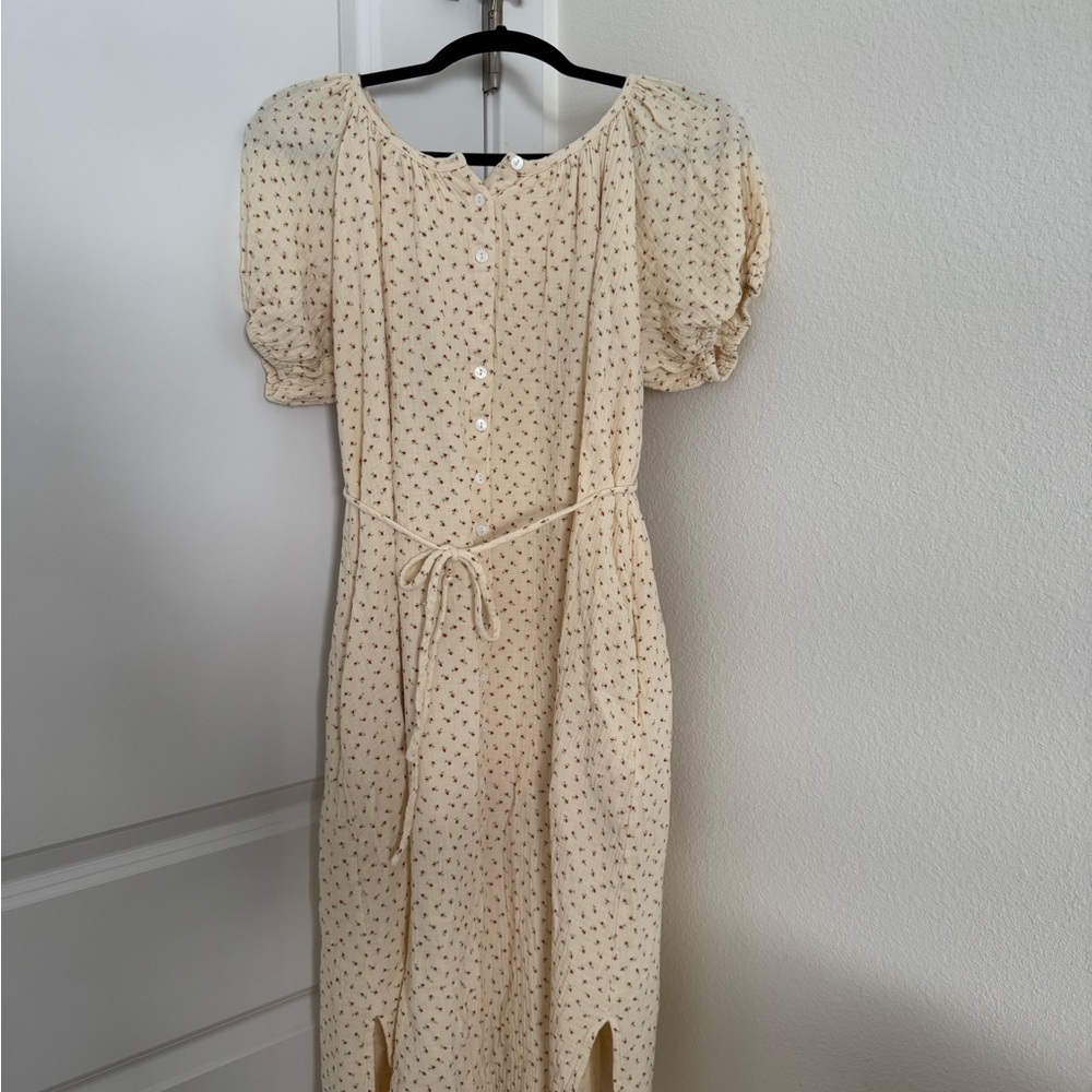 Roolee Cream Floral Midi Dress with Puff Sleeves